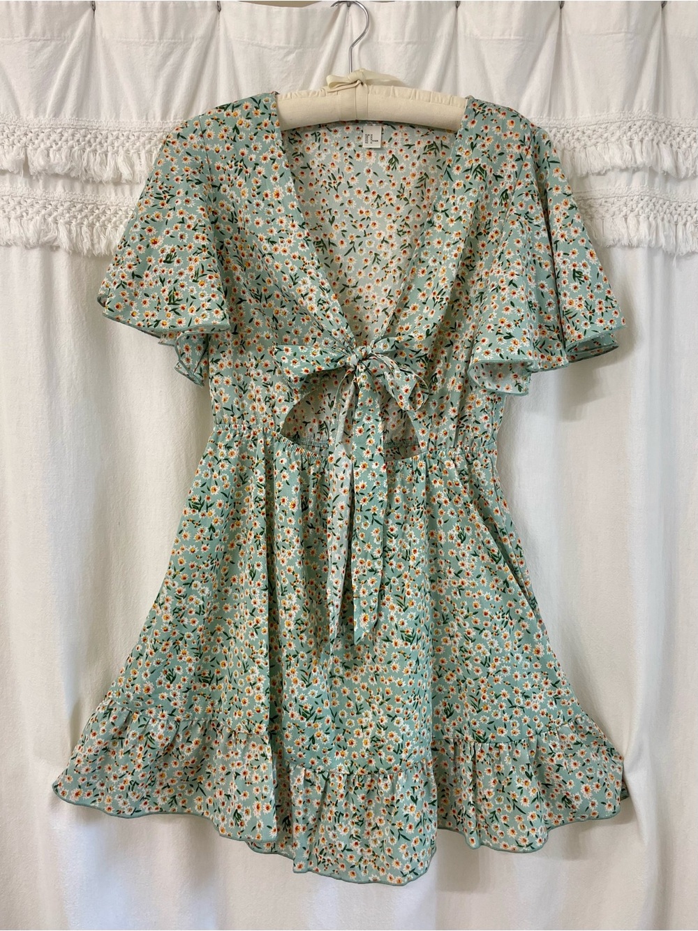 Floral Tie-Front Mini Dress in Mint Green with floral print
